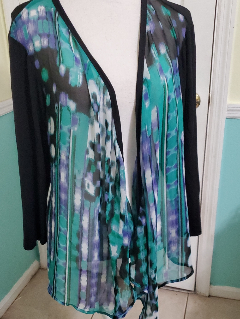 Chico' Easywear Black & Teal Watercolor Print Flowy Open-Front Jersey Cardigan L